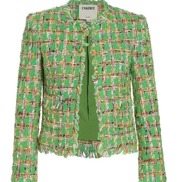 L’agence Angelina Tweed Open Front Pocket Blazer Suit Jacket Green Houndstooth - Picture 8 of 8